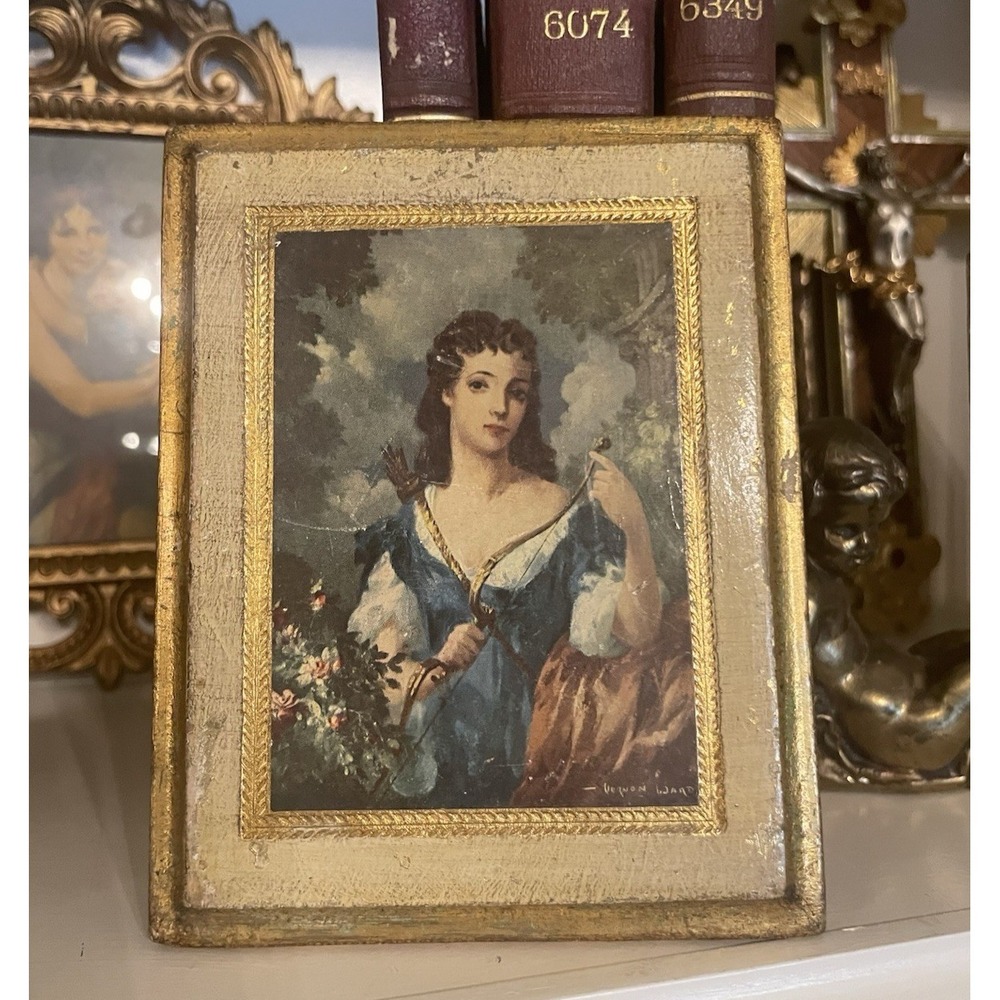 Vtg Italian Florentine  Wooden Picture Plaque  Portrait of a Woman 4.5x6"
